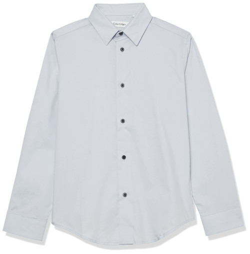 Calvin Klein Boys' Long Sleeve Slim Fit Dress Shirt, Style with Buttoned Cuffs & Shirttail Hem, Silver Metal, 14 Husky