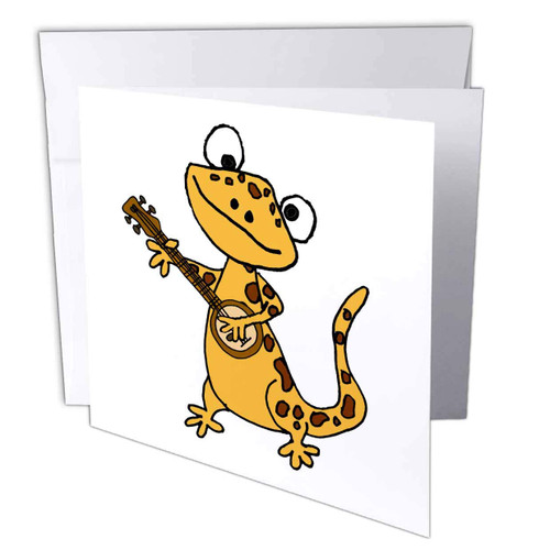 3dRose Greeting Card Funny Cute Leopard Gecko Lizzard Playing Banjo Music Cartoon - 6 by 6-inches (gc_326041_5)
