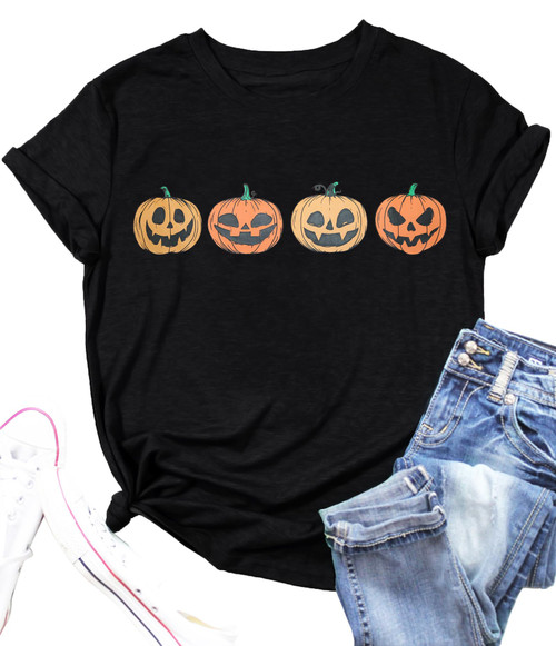 Pumpkin Halloween Shirt for Women Pumpkin Graphic Tee Shirt Fall Short Sleeve T-Shirts Thanksgiving Gift