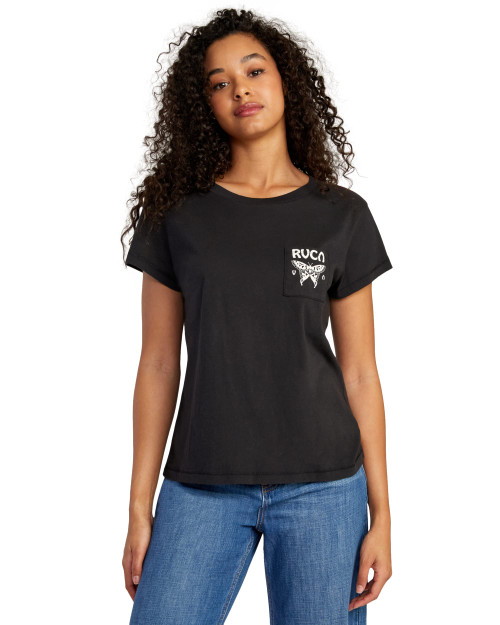 RVCA Women's Red Stitch Short Sleeve Graphic Tee Shirt, Metamorphosis Black, Small