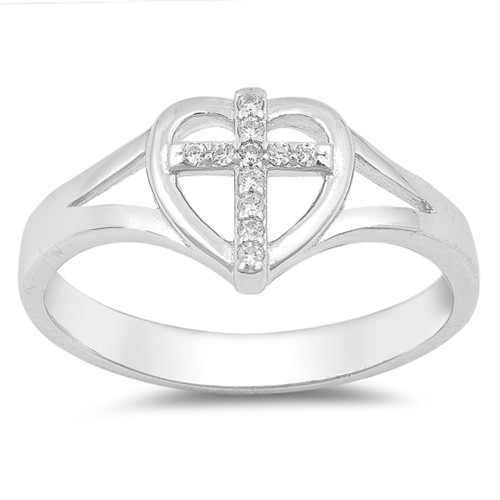 Clear CZ Cross Heart Christian Love Ring .925 Sterling Silver Band Size 7