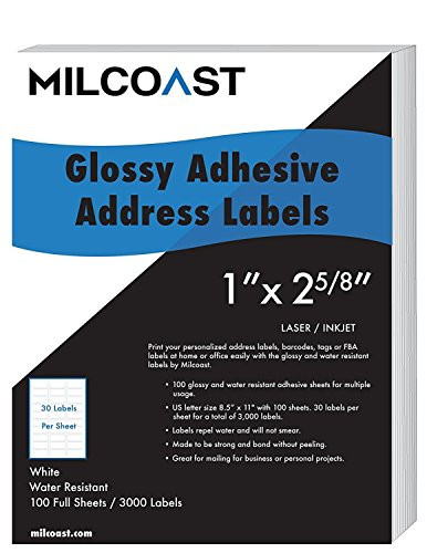 Milcoast Glossy Address Labels 30 Per Sheet 1" x 2-5/8" Water Resistant for Laser or InkJet Printer for Shipping, FBA, Name Tags (3000 Labels)