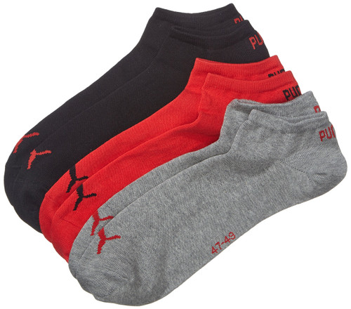 Puma Men's and Women's 3 Pair Invisible Sneaker Socks 13-15 Black/Red/Grey