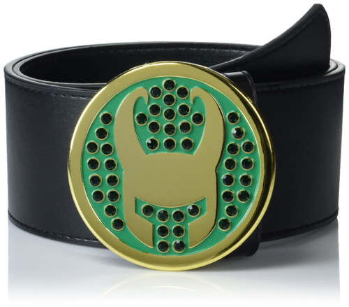 Buckle-Down Men's Marvel Comics, Loki Avengers Icon with Crystal Rhinestones, Black Vegan Leather Belt, 2.75" Wide-Fits 30-38.5 Inches