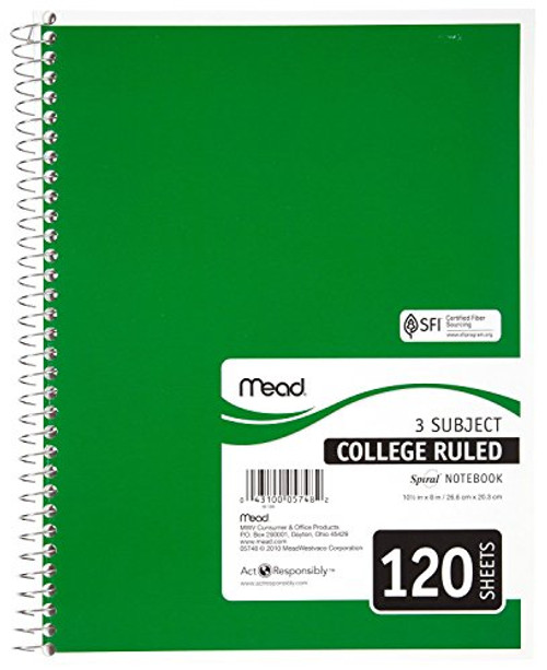 Mead Three-Subject College-Ruled Spiral Notebook 120 sheets, Color May Vary ,2 Pack (05748)