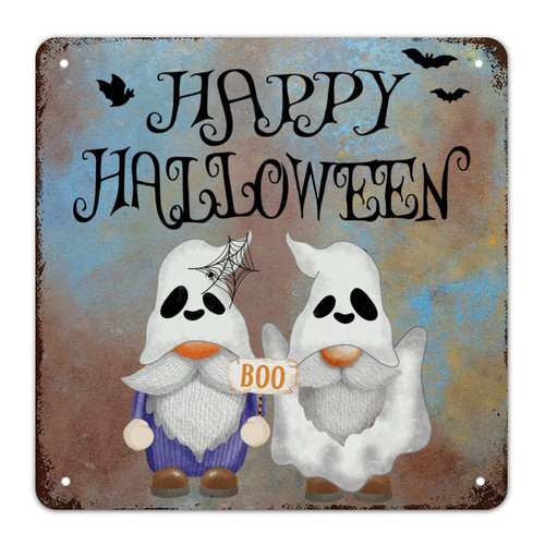 Guangpat Halloween Gnomes Metal Tin Sign Pumpkin Lantern Witch Broom Bats Metal Sign Halloween Witch Happy Halloween Wall Art Rustic Wall Decor for Bedroom Kitchen Cafe Bar Office Garage 10x10 inch