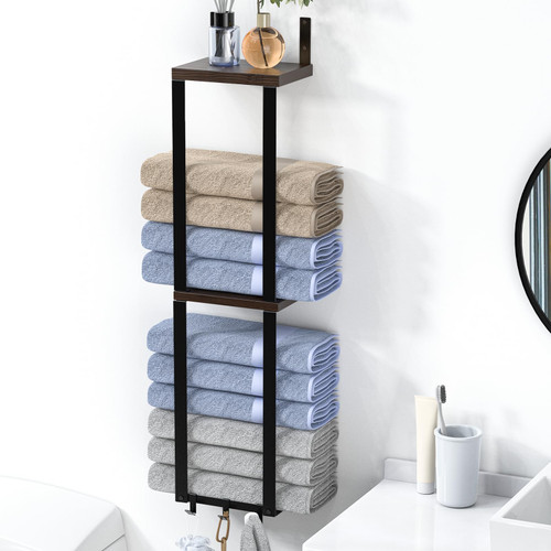 Bathroom Towel Storage Rack, Towel Racks for Bathroom Wall Mounted with Wooden Shelves and 3 Hooks, Towel Storage for Small Bathroom, Wall Towel Rack for Rolled Towels, Black
