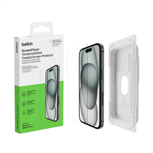 Belkin ScreenForce TemperedGlass Treated Screen Protector for iPhone 15 and 14 Pro - Slim & Scratch-Resistant - Includes Easy Align Tray for Bubble Free Application