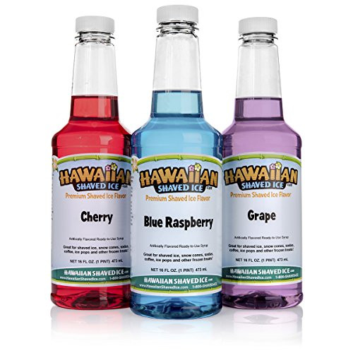 Hawaiian Shaved Ice 3 Flavor Pack of Shaved Ice Syrup | Kit Features Top Snow Cone Syrup Flavors  Cherry, Grape & Blue Raspberry (16oz.) Each Shaved Ice Syrup for Commercial or Household Use