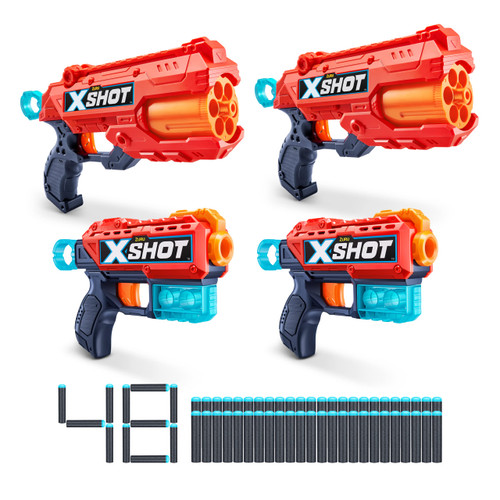 Excel 2 Reflex 6 + 2 Kickback (4 Pack + 48 Darts + 3 Shooting Targets) by ZURU, X-Shot Red Foam Dart Blaster, Toy Blaster, Rotating Barrels, Toys for Kids, Teens, Adults (Red)