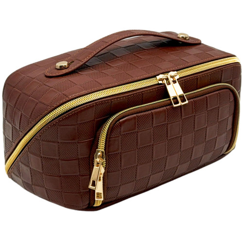 stona Travel Makeup Bag for Women, Large Capacity PU Leather Waterproof Checkered Cosmetic Bags, Portable Pouch Open Flat Toiletry Bag, Make up Organizer with Divider and Handle, Brown stona Travel Makeup Bag for Women, Large Capacity PU Leather Waterproof Checkered Cosmetic Bags, Portable Pouch Open Flat Toiletry Bag, Make up Organizer with Divider and Handle, Brown