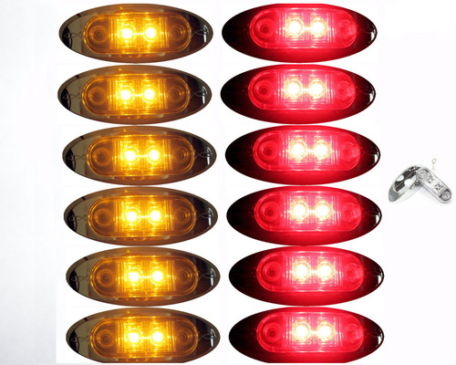 6 Red + 6 Amber LED Oval Clearance/Side Marker Light with Chrome Bezel Clear Lens for Truck Trailer 2" 1 Dozen Autosmart KL-15114C