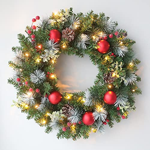 Pre-Lit Christmas Wreath with Lights Artificial Christmas Wreath Decorated with Pine Cones Berry Clusters Frosted Branches Ball Ornaments Christmas Decorations for Window Indoor & Outdoor (20 in)