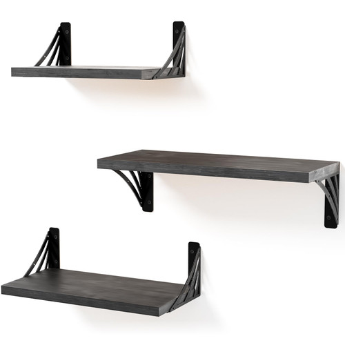 Smatto Floating Shelves Set of 3, Wall Mounted Rustic Wood Shelves, Heavy Duty Floating Wall Shelves for Kitchen Bathroom Storage, Hanging Shelves for Living Room Decor, Bedroom and Office, Black