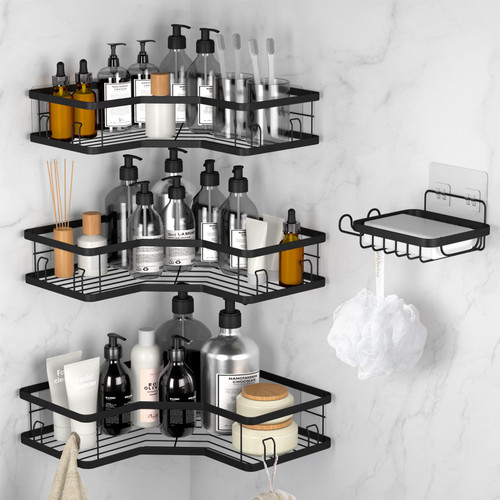 Buohoshun Corner Shower Caddy Adhesive, Shower Caddy Corner with Hooks, 4 Pack Shower Organizer Shelf with Soap Holder and 14 Hooks, No Drilling Stainless Steel Shower Storage Rack