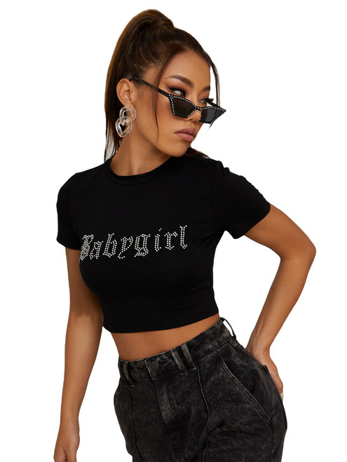 SOLY HUX Women's Graphic Tees Y2k Crop Top Short Sleeve T Shirt Tee Summer Tops Black Letter Rhinestone M SOLY HUX Women's Graphic Tees Y2k Crop Top Short Sleeve T Shirt Tee Summer Tops Black Letter Rhinestone M