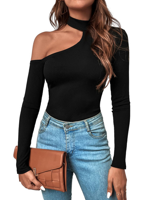 SOLY HUX Women's Cut Out Asymmetrical Neck T Shirt Long Sleeve Fitted Tee Tops Pure Black S