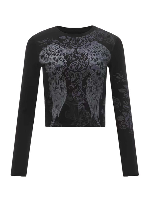 SOLY HUX Women's Gothic Wing Floral Graphic Y2K Crop Tee Tops Long Sleeve Casual T Shirts Black M SOLY HUX Women's Gothic Wing Floral Graphic Y2K Crop Tee Tops Long Sleeve Casual T Shirts Black M