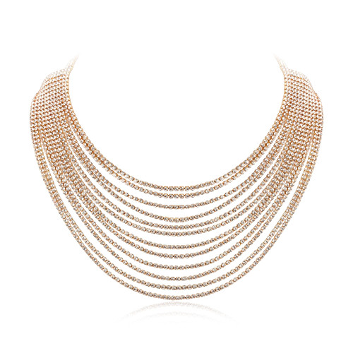 Myafox Crystal Tassel Layered Statement Necklace for Women, Sparkly Fringe Rhinestone Waterfall Chain, Bib Collar Choker Adjustable Necklace for Party Clear Gold-Tone