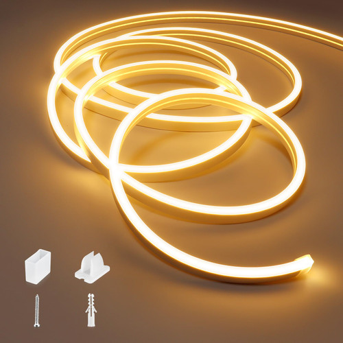 BIRRAY 16.4ft/5m LED Neon Strip Lights, 12V Flexible IP67 Waterproof Rope Light with 8mm Warm White Strip Light, Silicon Neon Light Strip for Indoor Outdoor Decoration