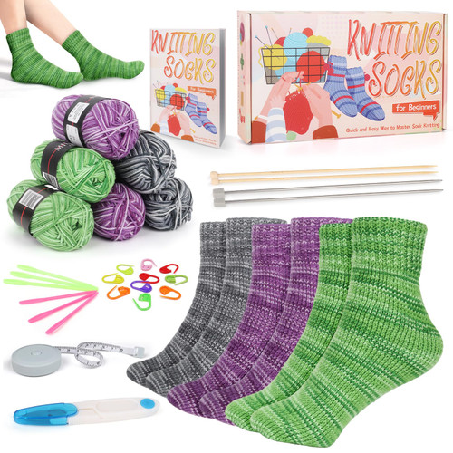 Coopay Knitting Kit for Beginners, Socks Knitting Set with Yarn and Instructions, Beginner Sock Knitting Kit for Adults/Teenagers Learn to Knit Socks in Different Sizes (3 Pairs, Neutral Color)