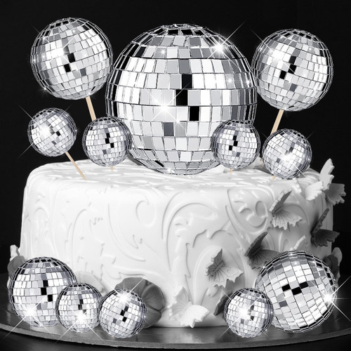 12 Piece Disco Ball Cake Toppers Disco Ball Cupcake Toppers 70's Disco Cake Centerpiece Decor Disco Theme Cake Picks for Saturday Night Fever Party Supplies Disco Ball Dance Birthday (6 Inch)