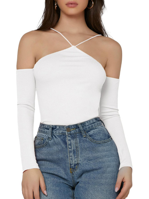 Floerns Women's Off Shoulder Long Sleeve Halter Neck Rib Knit Tee Shirt Tops White Medium