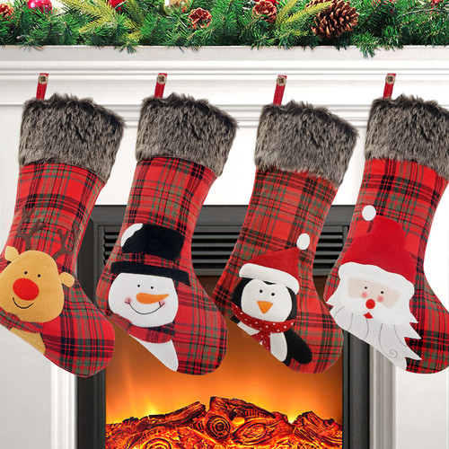 COOLWUFAN Christmas Stocking, 4 Pack 18'' Xmas Stockings with Snowflake Santa Snowman Reindeer and Plush Faux Fur Cuff Family Pack Stockings for Xmas Holiday Family Party Decorations