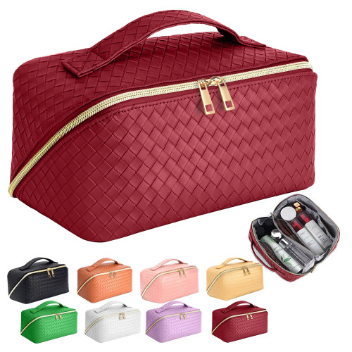 ZAUKNYA Large Capacity Travel Cosmetic Bag - Makeup Bag, Portable Leather Waterproof Women Travel Makeup Bag Organizer, with Handle and Divider Flat Lay Checkered Cosmetic Bags (Burgundy) ZAUKNYA Large Capacity Travel Cosmetic Bag - Makeup Bag, Portable Leather Waterproof Women Travel Makeup Bag Organizer, with Handle and Divider Flat Lay Checkered Cosmetic Bags (Burgundy)