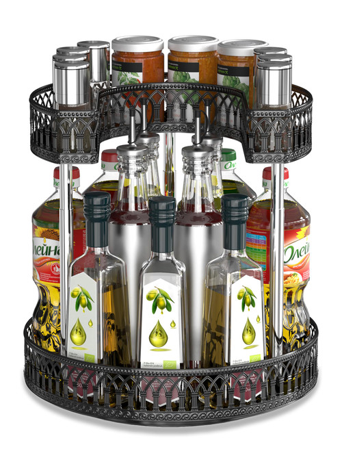 Lazy Susan Organizer 2 Tier, 12-inch Turntable Spice Rack Adjustable Metal Steel Rotating Lazy Susan for Cabinet Pantry Kitchen Countertop Dining Table Cupboard Bathroom Vanity Storage Black