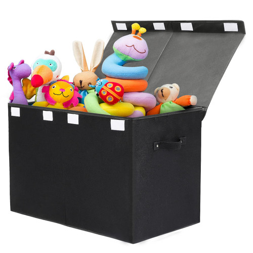 popoly Large Toy Box Chest Storage with Flip-Top Lid, Collapsible Kids Storage Boxes Container Bins for Toys, Playroom Organizers, 25"x13" x16" (Linen Black)