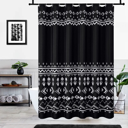MitoVilla Black Boho Shower Curtain Set, Black White Shower Curtain, Modern Heavy Fabric Shower Curtain for Bathroom Decor, Tribal Geometric Bohemian Shower Curtain, 72 x 72