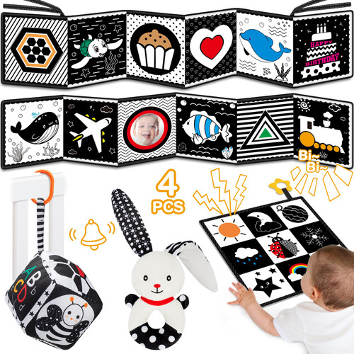 Black and White Baby Toys 0-3 Months for Newborn - 4 Pcs High Contrast Toys for Babies 3-6 Months Infant Sensory Montessori Toys Tummy Time Toys Soft Crinkle Book for Girls Boys Gifts 0 3 6 9 Months