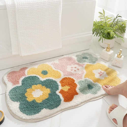 Bath Rug for Bathroom Super Soft Fluffy Rug Home Floor Mat Floral Carpet Water Absorption Machine Washable Bath Mat for Bedroom, Living Room and Bathroom, 15.7 x 23.6 Inches, Yellow Flower