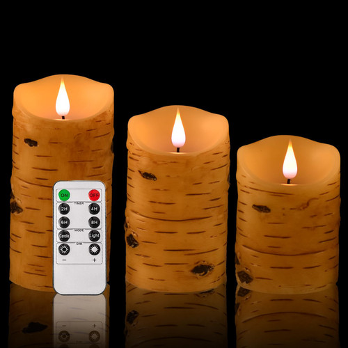 NICEME LED Birch Bark Flameless Candles Set of 3 Real Wax Battery Operated Candles Flickering Moving Wick Electric Decorative Pillar Birch Candles with Remote Timer