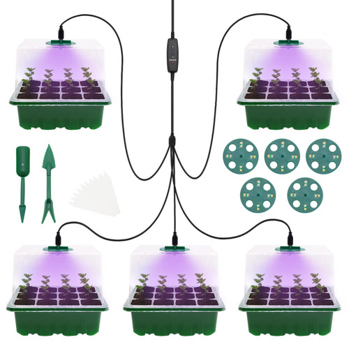 Zcstioxl Seed Starter Tray with Grow Light, Seed Starter Kit Indoor Seedling Plant Starter Trays Adjustable Humidity Seedling Starter Trays, 5 Packs Base Greenhouse Germination Kit 60 Cells Total
