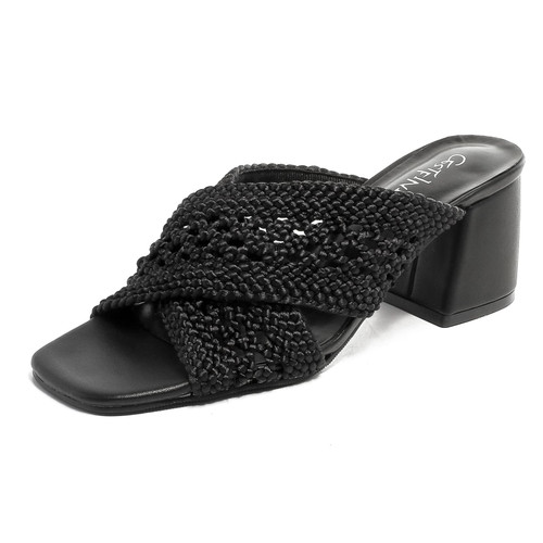 Cestfini Black Women's Heeled Sandals Braided Chunky Heels Square Open Toe Mules Backless Block Heels Strappy Dress Shoes Slip on Slides Sandal Black 8.5