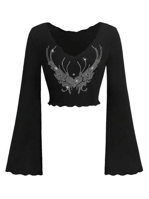 SOLY HUX Women's Rib Knit Lettuce Trim Y2K Crop Tee Heart Rhinestone V Neck T Shirt Casual Long Sleeve Crop Tops Black Heart S SOLY HUX Women's Rib Knit Lettuce Trim Y2K Crop Tee Heart Rhinestone V Neck T Shirt Casual Long Sleeve Crop Tops Black Heart S