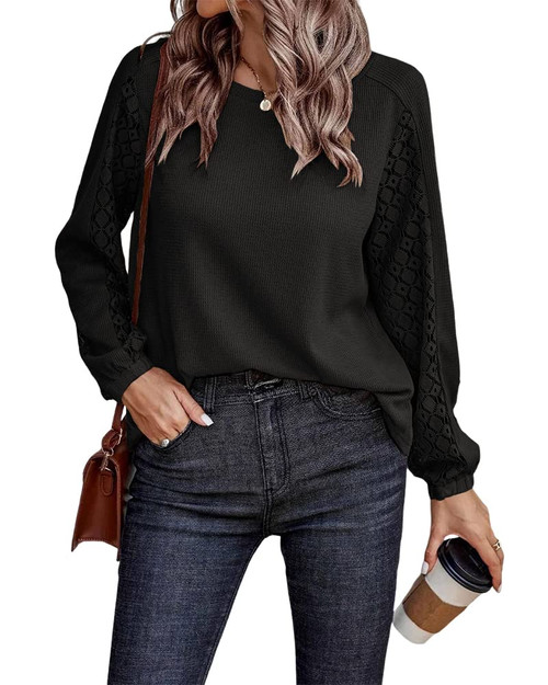 Zuoyouzi Women's Waffle Knit Tops Lace Lantern Long Sleeve Round Neck Casual Loose Tunic Tops Shirts Black