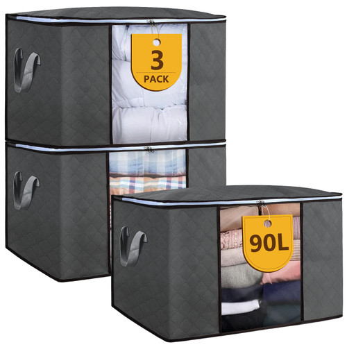 90L Large Storage Bags, 3 Pack Storage Bags Clothes Storage Bins Foldable Closet Organizer Storage Containers with Reinforced Handle?Storage Bags for Clothing, Blanket, Comforters, Bed Sheets?Pillows