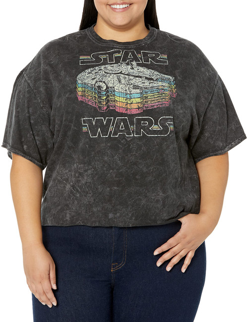 Junior's Star Wars Millennium Falcon Retro Rainbow Stack T-Shirt - Black Mineral Wash - Medium Junior's Star Wars Millennium Falcon Retro Rainbow Stack T-Shirt - Black Mineral Wash - Medium