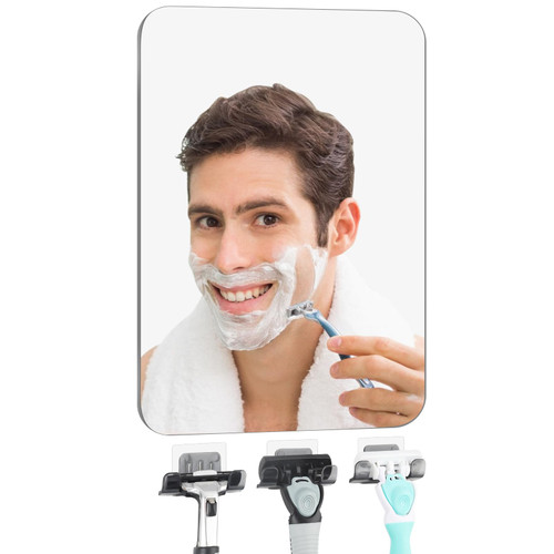 EUAIAJ Fogless Shower Mirror for Shaving with Razor Holder Shatterproof Large, Shaving Mirror for Shower Large Bathroom, 3 Razor Hooks & NO-Drilling & Removable(10.2x7.8in)