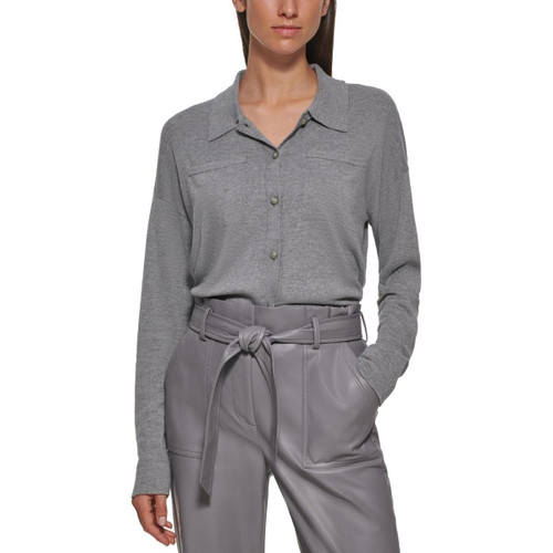 Calvin Klein Womens Collar Knit Button-Down Top Gray M