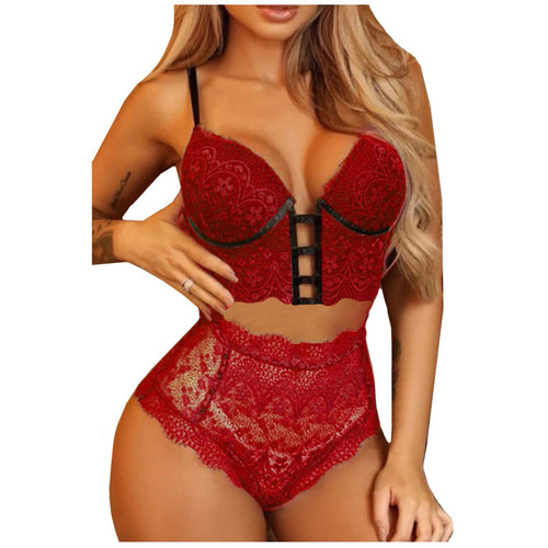 Women's Lace Lingerie Bra and High Waist Panty Set Sexy Pajamas Lingerie Set Babydoll Sleepwear 2 Piece Nightwear Outfits(C Red,Large)