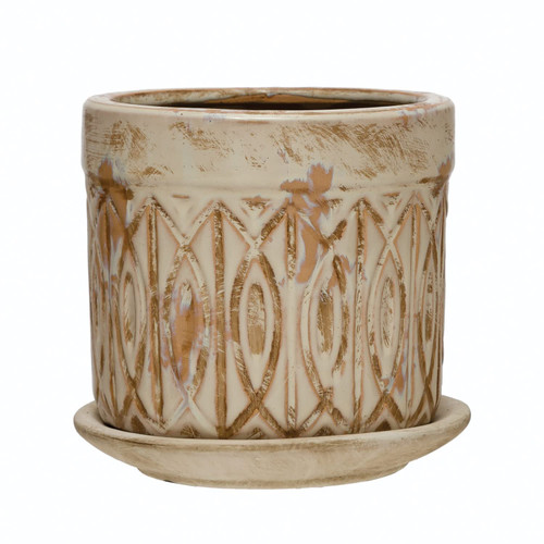 Creative Co-Op Debossed Terra-Cotta Pattern and Saucer Planter Pot, 6" L x 6" W x 6" H, Greige