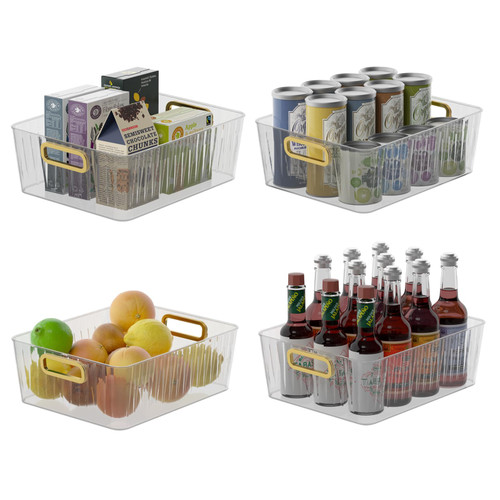 Vababa 4-Pack Clear Plastic Pantry Organizer Bins, Clear Storage Bins for Kitchen Refrigerator Organization