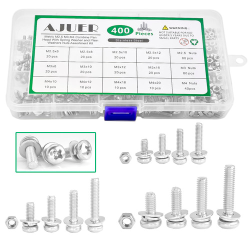 AJUER Metric M2.5 M3 M4 304 Stainless Steel Phillips Pan Head Machine Screws Bolts Combine with Spring Washer and Plain Washers Nuts Assortment Kit.Bolts and Nuts Washers Assortment Kit