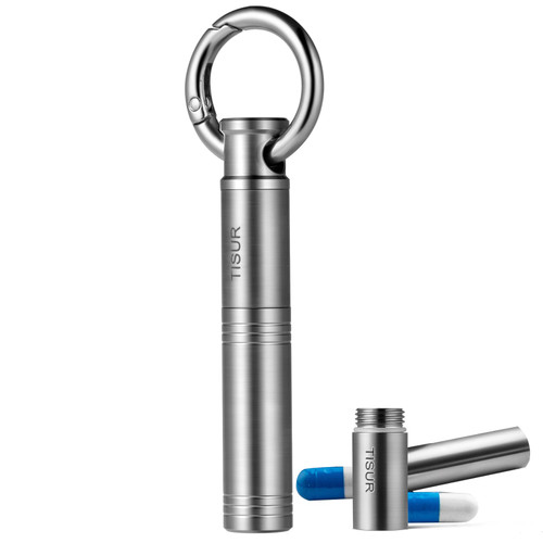 TISUR Small Keychain Pill Holder ?Titanium Metal Travel Pill Case Portable Pill Organizer Container for Purse Waterproof EDC Medicine Bottle C34