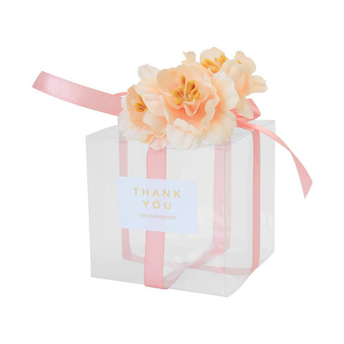 2.1inch Clear Gift Boxes with Ribbons 25 Pcs Clear Boxes Party Favor Boxes Mini Transparent Cube Macaron Treat Boxes Candy Cupcake Chocolate Boxes for Wedding Favors Baby Shower (Orange)