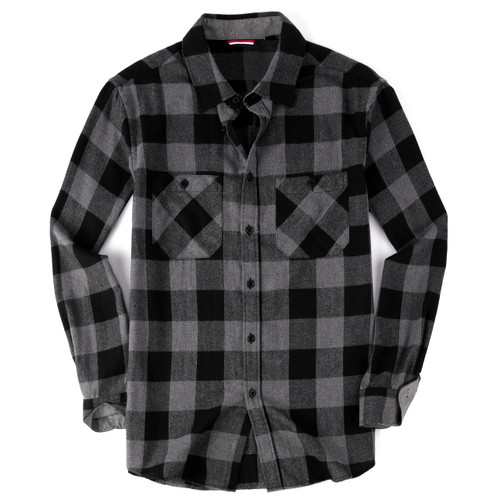 Mens Button Down Long Sleeve Shirts Regular Fit Casual Plaid Flannel Shirt for Men, Large Grey/Black